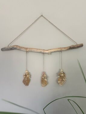 Handcrafted Driftwood and Yellow Calcite Crystal Hanging Wall Decor